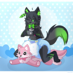 4_fingers accessory ahoge ambiguous_gender anthro black_body black_collar black_ears black_fur black_hair black_inner_ear black_nose black_sclera black_tail blue_background bone_collar_tag bow_accessory clean_diaper clothed clothing collar collar_tag diaper dotted_background fangs feather_in_hair fingers frilly frilly_collar fur gloves_(marking) green_body green_bow green_eyes green_fur green_inner_ear_fluff green_stripes green_tail green_tongue grey_body grey_fur grey_tail hair hair_accessory heart_symbol holding_console holding_nintendo_switch holding_switch inner_ear_fluff leg_markings loose_feather markings multicolored_body multicolored_fur multicolored_tail navel neck_bow one_eye_closed open_mouth open_smile pattern_background plushie seam_(sewing) simple_background sitting sitting_on_diaper sitting_on_plushie smile socks_(marking) solo striped_body striped_fur stripes tail teeth tongue tuft wearing_diaper jupiters nintendo nintendo_switch yuki_(devben98) canid canine canis mammal wolf 1:1 hi_res letterbox