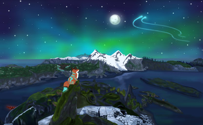 aurora_(phenomenon) detailed_background feral forest fox_tail fur island male moon mountain night orange_body orange_fur plant sculpture sea sky snow_mountain star starry_sky statue tree water caroll spirit_of_the_north avian bird canid canine corvid corvus_(genus) crow fox fox_spirit mammal oscine passerine red_fox spirit true_fox absurd_res detailed hi_res