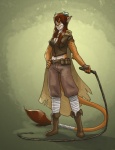 anthro breasts cape clothing eye_patch eyewear female horn pink_eyes solo spots tail whip thestory rute_(driftlock) domestic_cat felid feline felis mammal digital_media_(artwork) hi_res sketch