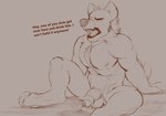 anthro balls bodily_fluids chest_tuft dialogue flaccid foreskin genital_fluids genitals knee_up male male_peeing navel nipples pecs peeing penis pubes simple_background sitting solo text tuft urine watersports monkeyspirit canid canine mammal 2021 english_text hi_res sketch