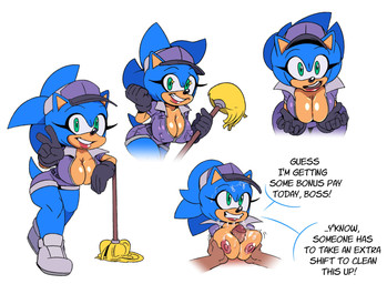 anthro big_breasts bodily_fluids breast_play breasts cleaning_tool cleavage clothed clothing cum cum_on_breasts cum_on_face duo female genital_fluids genitals janitor male male/female mop nipples penis sex text titfuck missphase sega sonic_the_hedgehog_(series) sonic_the_hedgehog eulipotyphlan hedgehog human mammal english_text hi_res
