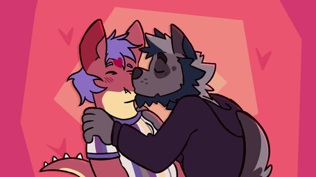 anthro blue_hair eyes_closed hair heart_symbol kissing kissing_cheek love male male/male simple_background smile tail tail_motion tailwag croquiek mythology fraenky_wolf surokoida canid canine canis dragon mammal mythological_creature mythological_scalie scalie wolf 16:9 animated hi_res no_sound short_playtime video widescreen