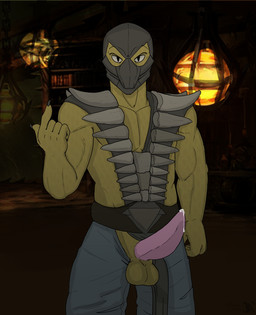 balls book bookshelf erection furniture genitals gesture green_body green_scales hair hand_gesture lights male mask non-mammal_balls pointing pubes pupils scales slit_pupils solo taunting lewd_latte mortal_kombat reptile_(mortal_kombat) humanoid reptile scalie hi_res