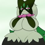 1:1 2024 anthro big_breasts blista_kanjo breast_curtains breasts digital_media_(artwork) felid feline female fur generation_9_pokemon genitals green_body green_fur hi_res looking_at_viewer mammal meowscarada multicolored_body multicolored_fur nintendo pink_eyes pokemon pokemon_(species) portrait pupils pussy shaded simple_background smile smiling_at_viewer smug smug_face solo thick_thighs two_tone_body two_tone_fur