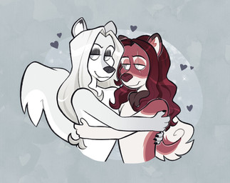 anthro bedroom_eyes curled_tail duo eye_scar facial_scar fangs femboy fur grey_background hair half-closed_eyes hug long_hair male male/male narrowed_eyes red_body red_fur red_hair scar seductive shirtless shirtless_anthro shirtless_male simple_background smile smirk smug smug_face smug_grin tail teeth white_body white_fur fleetwoodbrak casmir_(cadaverrdog) pavel_(fleetwoodbrak) canid canine canis domestic_dog mammal vampire wolf hi_res