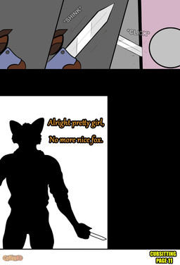 anthro babysitter blade claws dialogue door holding_knife holding_object holding_weapon inside knife male pawpads silhouette silhouette_background silhouetted_body solo sound_effects weapon coffeekit ollie(coffeekit) canid canine fox mammal absurd_res colored comic hi_res