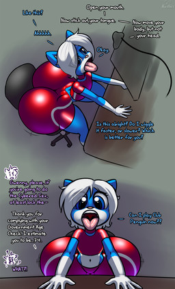 anthro big_butt blue_body blue_ears blue_eyes blue_fur butt butt_jiggle camera chair clothing computer computer_screen countershading electronics eye_through_hair eyelashes female fur furniture glistening glistening_eyes hair huge_butt huge_hips jiggling loli motion_lines mouth_shot multicolored_body multicolored_fur navel open_mouth panties pink_nose pink_tongue pupils red_clothing short_hair sitting teeth teeth_showing text tongue tongue_out translucent translucent_hair two_tone_body two_tone_fur underwear uvula webcam white_body white_countershading white_fur white_hair white_inner_ear wide_hips young young_anthro young_female norithics gwen_mason mammal mephitid skunk 2koma colored comic english_text hi_res