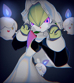ambiguous_gender black_clothing black_topwear chest_spike clothing dress fire green_body green_hair group hair hands_up headgear headwear open_mouth pseudo_clothing purple_eyes spikes spikes_(anatomy) topwear white_body white_clothing white_headwear yellow_eyes sublender1234 nintendo pokemon gardevoir generation_3_pokemon generation_5_pokemon humanoid litwick pokemon_(species) 2025 3d_(artwork) blender_(artwork) digital_media_(artwork)