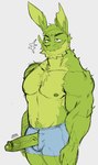 anthro bottomwear clothing facial_hair fur genitals green_body green_fur green_nipples green_penis male male_anthro muscular muscular_male nipples penis shirtless shirtless_male solo fungirussy lagomorph leporid mammal rabbit hi_res