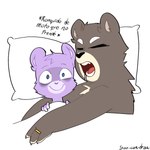 anthro bed bedding biped black_nose blanket brown_body duo eyes_closed furniture hug humanoid_hands lying pillow purple_body sleeping text soodraw2 unicorn_wars padre_(unicorn_wars) sargento_caricias bear mammal 1:1 2023 hi_res spanish_text translated