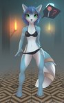 4_toes 5_fingers absurd_res anthro barefoot bikini black_nose blue_body blue_fur blue_hair bra breasts canid canine claws clothed clothing clothing_pull detailed_background exposure_variation feet female fingers fox front_view fur green_eyes hair hi_res krystal_(star_fox) mammal midriff navel nintendo panties panty_pull piranha_fish skimpy slim small_breasts smile solo standing star_fox swimwear toes underwear underwear_pull
