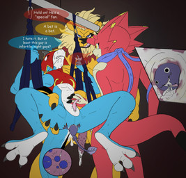 animal_genitalia bdsm bodily_fluids cum cum_inside forced genital_fluids genitals group impregnation male male/male male_impregnation ovum penis questionable_consent rape sex sperm_cell text unwanted_impregnation vdrebi bandai_namco digimon betelgammamon digimon_(species) dinosaur felid flamedramon leomon lion mammal otamamon pantherine prehistoric_species reptile scalie english_text