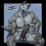 anthro balls bodily_fluids claws fur genital_fluids genitals horizontal_pupils humanoid_genitalia humanoid_penis inviting leaking_precum male muscular muscular_anthro muscular_male nipples pawpads pecs penis precum pupils solo text vein veiny_penis amon-sydonai creepypasta patreon harry_(amon-sydonai) smile.dog canid canine canis demon domestic_dog husky mammal nordic_sled_dog spitz 1:1 2024 english_text hi_res signature url