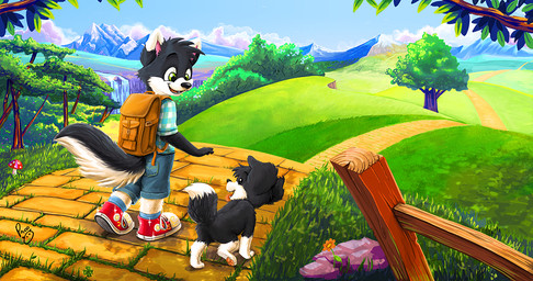 ambiguous_gender anthro backpack biped clothing duo feral footwear male shoes young young_ambiguous young_anthro young_feral young_male pandapaco canid canine canis domestic_dog husky mammal nordic_sled_dog spitz wolf 2015 digital_media_(artwork)