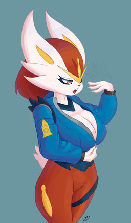 anthro big_breasts breasts cleavage clothed clothing featureless_crotch female fur holowear_(pokemon) jacket solo standing topwear white_body white_fur vinael nintendo pokemon pokemon_unite space_style_cinderace cinderace generation_8_pokemon lagomorph mammal pokemon_(species) hi_res