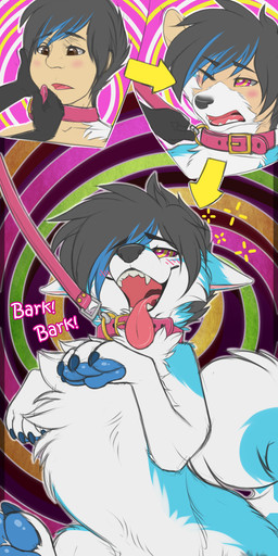 abstract_background ambiguous_gender animal_noises basic_sequence black_hair blue_body blue_fur blue_hair blue_tail blush collar contextual_arrow control_collar directional_arrow duo feral fur hair human_to_anthro human_to_feral hypnosis leash loss_of_speech mind_control multicolored_body multicolored_fur multicolored_hair multicolored_tail onomatopoeia open_mouth pawpads sequential_arrow solo_focus sound_effects species_transformation spiral spiral_background spiral_eyes tail teeth text three_frame_image three_frame_sequence tongue tongue_out transformation transformation_sequence transformation_through_hypnosis two_tone_body two_tone_fur two_tone_hair white_body white_fur white_tail wide_arrow yuniwolfsky yuni_(yuniwolfsky) canid canine canis domestic_dog human husky hybrid mammal nordic_sled_dog spitz wolf wolfdog 2016 absurd_res comic hi_res sequence