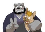 anthro anthro_on_anthro beard black_nose blush clothed clothing duo facial_hair hug humanoid_hands kemono male male/male overweight overweight_male kita_9999 love_mechanic ena_(lm) tom_(lm) bear hyena mammal spotted_hyena 2015 hi_res