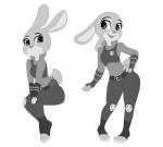 anthro badge biped buckteeth claws clothed clothing eyebrows eyelashes female fully_clothed fur hand_on_hip looking_at_viewer open_mouth police police_uniform pose simple_background sitting solo standing teeth uniform white_background manene disney zootopia judy_hopps lagomorph leporid mammal rabbit digital_media_(artwork) full-length_portrait hi_res monochrome portrait