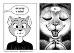 2_panel_comic anthro black_clothing black_eyes black_nose black_shirt black_topwear clothing dialogue eyes_closed fangs fur grey_body grey_fur looking_at_viewer male multicolored_body multicolored_fur open_mouth shirt smile solo speech_bubble teeth text tongue topwear white_body white_fur nikraccoom tonka_(nik159) domestic_cat felid feline felis mammal 2022 comic english_text