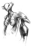 armband breast_armor breasts clothed clothing duo female frill_(anatomy) head_crest head_frill jewelry male necklace topless topless_male hiroyuki_hataike outlaw_star alien silgrian 1997 low_res monochrome official_art sketch