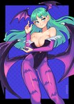 armwear bare_shoulders breasts capcom cleavage clothed clothing darkstalkers demon demon_humanoid female green_eyes green_hair hair head_wings hi_res humanoid leotard light_body light_skin long_hair looking_at_viewer membrane_(anatomy) membranous_wings morrigan_aensland not_furry qqqewie signature simple_background smile solo wings