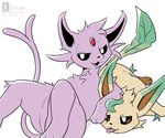 ambiguous_gender black_eyes blep duo feral fur looking_at_viewer lying on_back on_side open_mouth pink_body pink_fur text tongue tongue_out yellow_body yellow_fur kifyun2 nintendo pokemon eeveelution espeon generation_2_pokemon generation_4_pokemon leafeon pokemon_(species) colored flat_colors hi_res