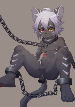 4_toes anal anal_penetration ankle_cuffs anthro anthro_penetrated balls bdsm blush bondage bound chain chain_leash chained circumcised collar collar_only cuff_(restraint) dildo dildo_in_ass dildo_insertion erection feet fur genitals grey_body grey_fur hair heterochromia humanoid_genitalia humanoid_penis leash looking_at_viewer lube male male_penetrated metal_collar navel nipple_clamp nipple_fetish nipple_play nipples nude object_in_ass pawpads penetration penile penis red_eyes restraints sex_toy sex_toy_in_ass sex_toy_insertion shackles shota simple_background sitting solo sounding_rod striped_body striped_fur stripes toes urethral urethral_penetration white_hair yellow_eyes young young_anthro toye2004 domestic_cat felid feline felis mammal absurd_res digital_media_(artwork) hi_res
