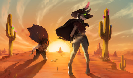 anthro black_hair blood bodily_fluids cactus clothed clothing day detailed_background duo gun hair male outside plant ranged_weapon sky sun sunset weapon wild_west fruitbloodmilkshake ambiguous_species lagomorph leporid mammal rabbit 2020 digital_media_(artwork) hi_res