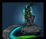 abstract_background anthro blue_hair breasts ear_piercing ear_stud female gauged_ear gradient_hair green_hair grey_piercing hair industrial_piercing looking_at_viewer monotone_piercing multicolored_hair multiple_piercings piercing simple_background solo tail two_tone_hair vexstacy canid canine mammal