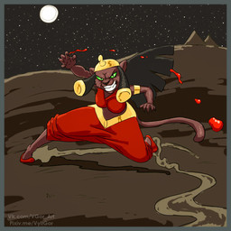 action_pose anthro arabian attack black_hair black_nose blood blue_border bodily_fluids border breasts clothed clothing egyptian egyptian_clothing egyptian_headdress evil_grin female hair headdress headgear headwear nemes_(clothing) pose smile solo uraeus vylfgor disney disney's_aladdin mirage_(disney) domestic_cat felid feline felis mammal pantherine 1:1 digital_media_(artwork) hi_res