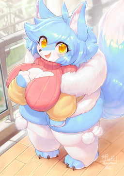 3_toes anthro big_breasts biped blue_body blue_hair blush blush_lines breasts claws cleavage clothed clothing cowlick dipstick_tail eye_through_hair eyebrows eyelashes feet female front_view fur hair hand_on_breast high-angle_view huge_thighs inner_ear_fluff kemono legwear looking_at_viewer markings multicolored_body nipple_outline open_mouth open_smile paws railing red_clothing shortstack shortstack_female smile snout solo standing tail tail_markings text thick_thighs three-quarter_view toes topwear translucent translucent_hair tuft two_tone_body white_clothing wide_hips yellow_clothing yellow_eyes keyhat_tk10 canid canine fox mammal 2023 absurd_res dated digital_drawing_(artwork) digital_media_(artwork) english_text hi_res signature