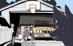 alcohol anthro balls basketball_hoop beer beer_bottle beverage bottle clothed clothing container duo foreground_silhouette fur garage genitals gesture humanoid_genitalia male markings outside pantsless penis shadow shirt spots spotted_body spotted_fur topwear waving microtransac bmw bmw_e34 bird_dog canid canine canis domestic_dog hunting_dog mammal hi_res