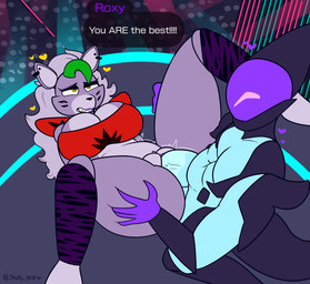 abdominal_bulge anthro breasts clothed clothing dialogue duo ear_piercing exclamation_point female fur genitals heart_symbol machine male male/female partially_clothed penetration piercing sex stage text vaginal vaginal_penetration vulva yellow_eyes shulky_nsfw five_nights_at_freddy's five_nights_at_freddy's:_security_breach scottgames steel_wool_studios euro_@syntheaven roxanne_wolf animatronic canid canine canis humanoid mammal robot robot_humanoid wolf 2022 digital_media_(artwork) english_text hi_res