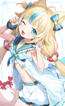 accessory ahoge animal_ears belt bikini bikini_under_clothing blonde_hair blue_eyes blue_nails blush bottomwear cat_smile clothing colored_nails dress fangs female flat_chested fluffy_ears hair hair_accessory highlights_(coloring) long_hair nails navel one_eye_closed open_dress open_mouth pattern_bikini pattern_clothing pattern_swimwear pigtails raised_arms scrunchie shorts striped_bikini striped_clothing striped_swimwear stripes swimwear tail teeth two-piece_swimsuit white_bottomwear white_clothing white_shorts wrist_scrunchie young young_female young_humanoid lerome vtuber sameko_saba_(vtuber) animal_humanoid arthropod cat_humanoid crab crustacean decapod felid felid_humanoid feline feline_humanoid humanoid malacostracan mammal mammal_humanoid absurd_res hi_res