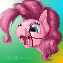 blue_eyes bridle curly_mane eyelashes female female_feral feral fur gag mane pink_body pink_fur pink_mane solo text kapitanazot friendship_is_magic hasbro my_little_pony pinkie_pie_(mlp) earth_pony equid equine horse mammal pony 1:1 absurd_res artist_name colored digital_drawing_(artwork) digital_media_(artwork) hi_res
