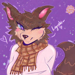 anthro big_breasts blush blush_lines breasts brown_body brown_fur brown_hair cheek_tuft clothed clothed_anthro clothed_female clothing facial_tuft female fluffy fluffy_ears fluffy_tail fur hair heart_symbol one_eye_closed purple_eyes scarf smile solo sweater tail tan_body tan_fur text topwear tuft wink wafflesita_(artist) beastars juno_(beastars) canid canine canis mammal wolf 1:1 absurd_res digital_drawing_(artwork) digital_media_(artwork) digital_painting_(artwork) hi_res ibispaint_(artwork) painting_(artwork)
