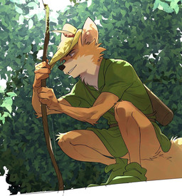 anthro black_nose bottomless bow_(weapon) clothed clothing convenient_censorship crouching fluffy fluffy_tail forest fur hat headgear headwear kemono male multicolored_body multicolored_fur orange_body orange_fur outside plant pointy_ears quiver_(object) ranged_weapon shirt slim slim_anthro slim_male solo tail tan_body tan_fur topwear tree tunic two_tone_body two_tone_fur weapon saijakuonuru uochandayo disney robin_hood_(disney) robin_hood canid canine fox mammal hi_res