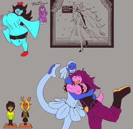 2_horns ambiguous_gender anthro antlers big_breasts blonde_hair blue_body blue_skin breasts clothed clothing dialogue duo eyewear female freckles glasses grey_background hair horn hug hugging_another male open_mouth open_smile purple_body purple_hair purple_skin simple_background smile snowgrave standing tail teeth text text_box wearing_glasses signirsol deltarune undertale_(series) aqua_(deltarune) blue_(deltarune) kris_dreemurr noelle_holiday seth_(deltarune) susie_(deltarune) deer human humanoid mammal new_world_deer reindeer reptile scalie 2026 digital_media_(artwork) english_text multiple_images