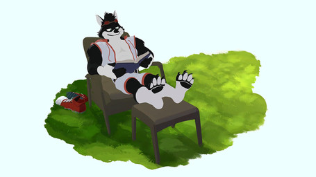 4_fingers 4_toes annoyed anthro bare_chest barefoot black_body black_fur black_pawpads body_control book bottomwear chair claws clicking_heels_together clothed clothing cursed_object discarded_footwear eye_roll eyewear feet fingerless_gloves fingers foot_focus footwear fur furniture gloves goggles green_eyes green_smoke handwear holding_book holding_object hoodie lawn lawn_chair looking_away looking_down magic male muscular on_chair open_clothing open_hoodie open_topwear outside partially_clothed pawpads poof_effect reading shoe_focus shoes shoes_removed shorts simple_background sitting sitting_on_chair smile smoke sneakers solo sparkles sparkling_clothing stool tap_shoes toe_claws toe_wiggle toes topwear white_background white_body white_fur white_pawpads alex_henderson crisp_the_wolf animate_inanimate canid canine canis mammal wolf animated short_playtime