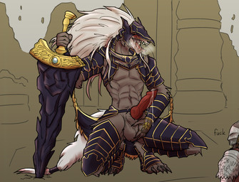 animal_genitalia animal_penis anthro armor ball_fondling balls biped blush bodily_fluids breath canine_genitalia canine_penis claws crouching digitigrade duo erection finger_claws fondling genital_fluids genitals hair holding_melee_weapon holding_object holding_sword holding_weapon knot male melee_weapon penis precum solo_focus sword toe_claws weapon white_hair chorsinnell39 elden_ring fromsoftware maliketh_(elden_ring) tarnished_(elden_ring) canid canine canis human mammal wolf 2022 digital_media_(artwork) hi_res