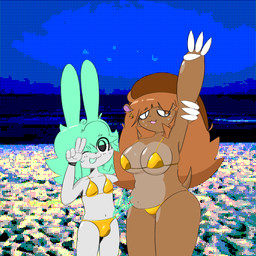 anthro beach clothing female intersex intersex/female slightly_chubby standing swimwear text wunny pang humanoid lagomorph leporid mammal pangolin rabbit 1:1 english_text hi_res
