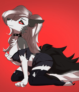 bottomwear clothed clothing collar ear_piercing ear_ring female hair kneeling long_hair looking_at_viewer pants piercing red_background red_sclera ring_piercing simple_background smile solo tail teasing white_eyes jesterwing hellaverse helluva_boss mythology loona_(helluva_boss) canid canid_demon canine demon hellhound mammal mythological_canine mythological_creature hi_res