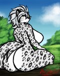 anthro big_breasts big_butt breasts butt female fur grey_hair hair horn inner_ear_fluff looking_at_viewer looking_back looking_back_at_viewer markings outside plant rear_view side_boob sitting solo spots spotted_body spotted_fur thick_thighs tree tuft white_body white_fur yellow_eyes kabo-darkfields twokinds lady_nora_(twokinds) felid feline mammal pantherine snow_leopard hi_res