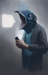 blue_body blue_clothing blue_feathers blue_shirt blue_topwear cellphone clothing detailed_feathers electronics empty_eyes feathers for_a_head front_view grey_background grey_clothing grey_eyes grey_jacket grey_topwear headphones holding_cellphone holding_object holding_phone holding_smartphone jacket light_body light_skin male open_mouth phone phone_connector screen_glow shirt simple_background smartphone solo speech_bubble standing surrealism topwear ari_ibarra animal_head animal_humanoid avian bird humanoid 2017 detailed half-length_portrait hi_res icon portrait