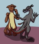 5_fingers anthro biped black_body black_scales duo fingers grey_body grey_scales male markings purple_eyes red_body red_markings red_scales scales dracogriff_(artist) gyrotech nintendo pokemon bryce_daeless fan_character saul_ashle eurasian_otter generation_7_pokemon hybrid lutra mammal mustelid otter pokemon_(species) river_otter salandit salazzle