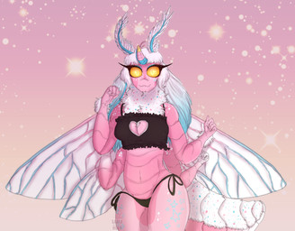 antennae_(anatomy) anthro black_bra black_clothing black_panties black_underwear blue_hair bra breasts cat_lingerie cleavage cleavage_cutout clothed clothing cutout female frilly frilly_bra frilly_clothing frilly_underwear fur hair heart_cutout heart_keyhole_bra heart_keyhole_clothing horn insect_wings keyhole_bra keyhole_clothing keyhole_underwear lingerie looking_at_viewer multi_arm multi_limb multicolored_hair navel neck_tuft non-mammal_breasts panties pink_body side-tie_panties solo training_bra tuft two_tone_hair underwear underwear_only white_hair wings yellow_eyes saberhorn arthropod insect lepidopteran moth digital_media_(artwork)