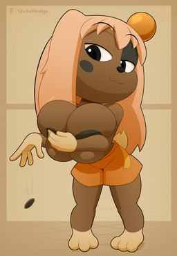 anthro areola big_areola big_breasts big_nipples black_areola black_eyebrows black_eyes black_nipples breast_squish breasts brown_body brown_fur brown_nose clothing covering covering_breasts eyebrow_through_hair eyebrows eyelashes female fur hair loli long_hair nipples oppai_loli overalls pupils scut_tail short_tail solo squish tail tan_hair tan_tail translucent translucent_hair young slickehedge ankama dofus lilotte canid canine canis domestic_dog mammal absurd_res hi_res