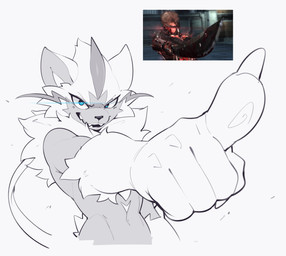 5_fingers ambiguous_gender anthro biped blue_eyes claws eyelashes finger_claws fingers fluffy fur hair looking_at_viewer navel neck_tuft nude sharp_teeth short_hair simple_background smile solo teeth tuft white_background conditional_dnp drakeraynier nintendo pokemon felid generation_7_pokemon legendary_pokemon mammal pokemon_(species) zeraora 2026 half-length_portrait monochrome partially_colored portrait reference_image male_(lore)