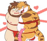 anthro asian_clothing belly blush bound bulge butt candy chocolate clothing dessert duo east_asian_clothing eyewear food fundoshi glasses japanese_clothing kemono male moobs nipples overweight overweight_male pink_nose red_clothing red_fundoshi red_underwear rope underwear hupi1008 felid lion mammal pantherine tiger 2025 absurd_res hi_res