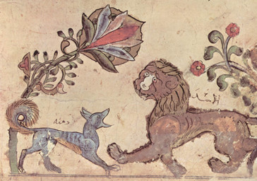 1220 duo feral flower fur grey_body grey_fur illuminated_manuscript male medieval mouth_closed open_mouth paws plant standing tail text unknown_artist kalila_wa_dimna kalila_wa_dimna_(translated_by_ibn_al_muqaffa) dimna_(kalila_wa_dimna) canid canine canis felid jackal lion mammal pantherine 13th_century ancient_art arabic_text english_description hi_res traditional_media_(artwork) translation_request